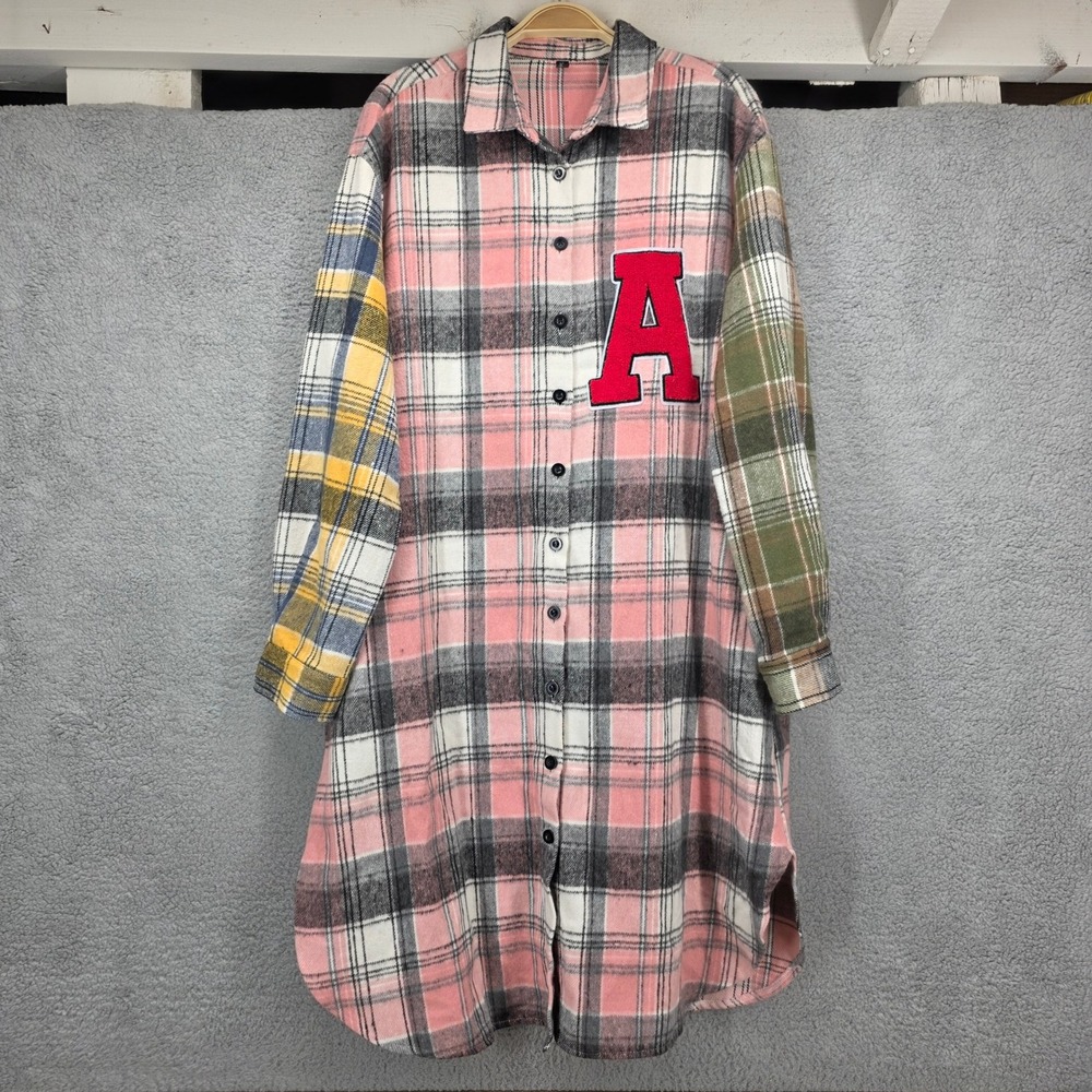 Impulsive Flannel Plaid Colorblock Shirt Dress Varsity‎ A Patch Multi Large